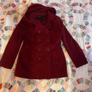 Y2K Vintage Kenneth Cole Dark Wine Burgundy Hooded Winter Peacoat Sz 10 Medium